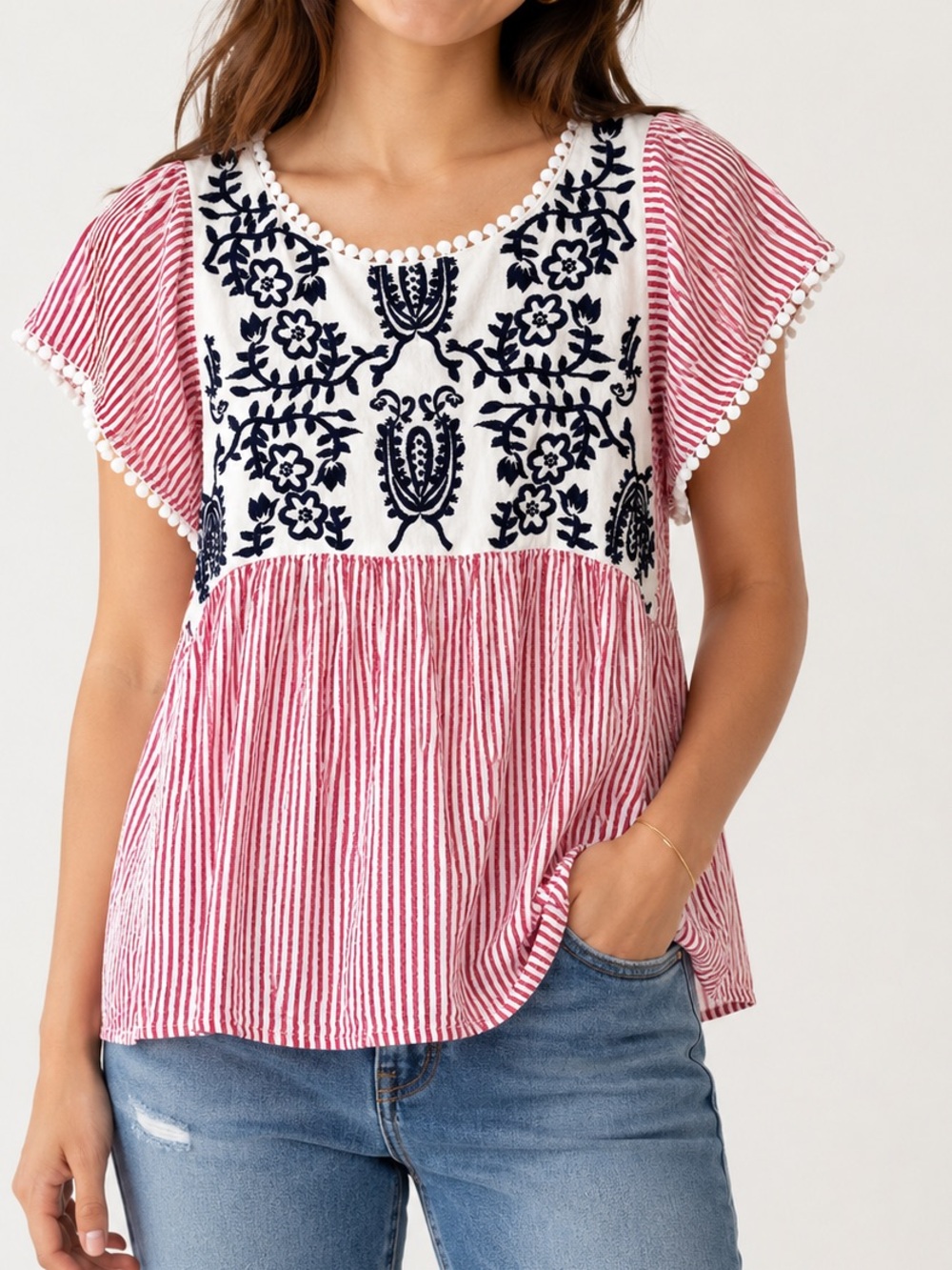 THML Red & White Embroidered Flutter Sleeve Linen Top Coastal Boho Summer XS